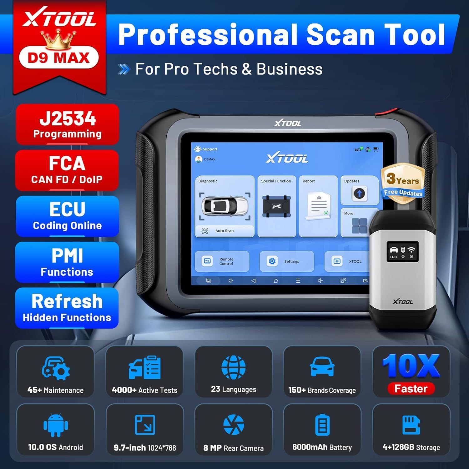 Scanner de diagnostic professionnel XTOOL D9 MAX avec cartographie de topologie J2534, codage ECU, FCA/DoIP/CAN FD, étalonnage ADAS, 45+ réapprentissages, mise à jour de 3 ans