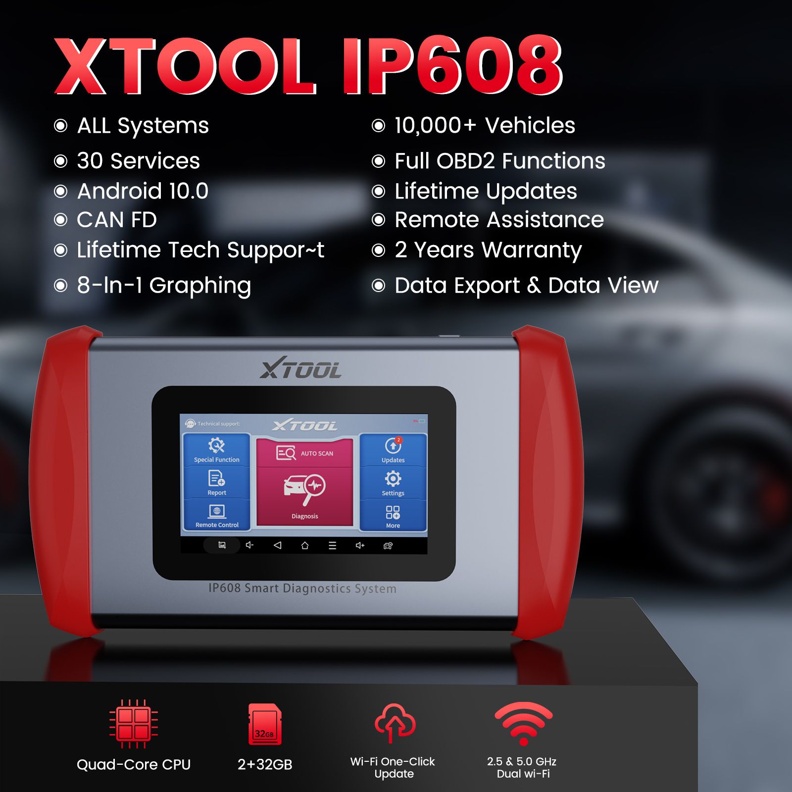 Support complet de l'outil de diagnostic du système du scanner IP608 OBD2 de XTOOL Inplus CAN FD 30+ Services et mise à jour gratuite à vie