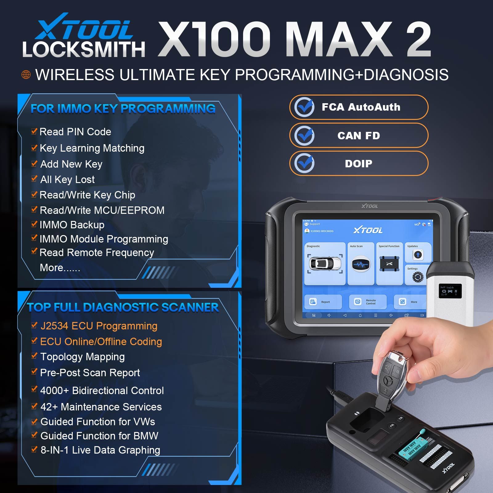 2025 XTOOL X100 MAX 2 Programmateur de clé automatique avec J2534 VCI et KC501 prend en charge 42 fonctions de service