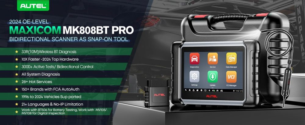 Autel MaxiCOM MK808BT PRO Outil de diagnostic de voiture, Tests actifs et scanner de contr&ocirc;le bidirectionnel, 28+ services, FCA AutoAuth, Diagnostique sans fil