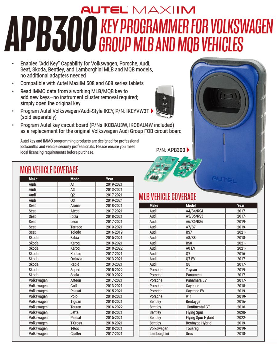 Programmateur clé AUTEL MAXIIM APB300 pour les véhicules MLB & MQB du groupe Volkswagen