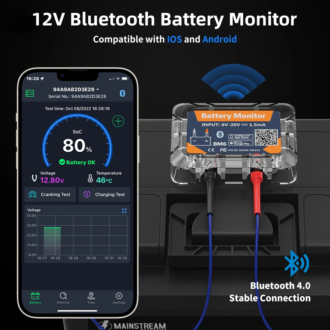 BM6 12V Surveillance de batterie sans fil Bluetooth Batterie de voiture 