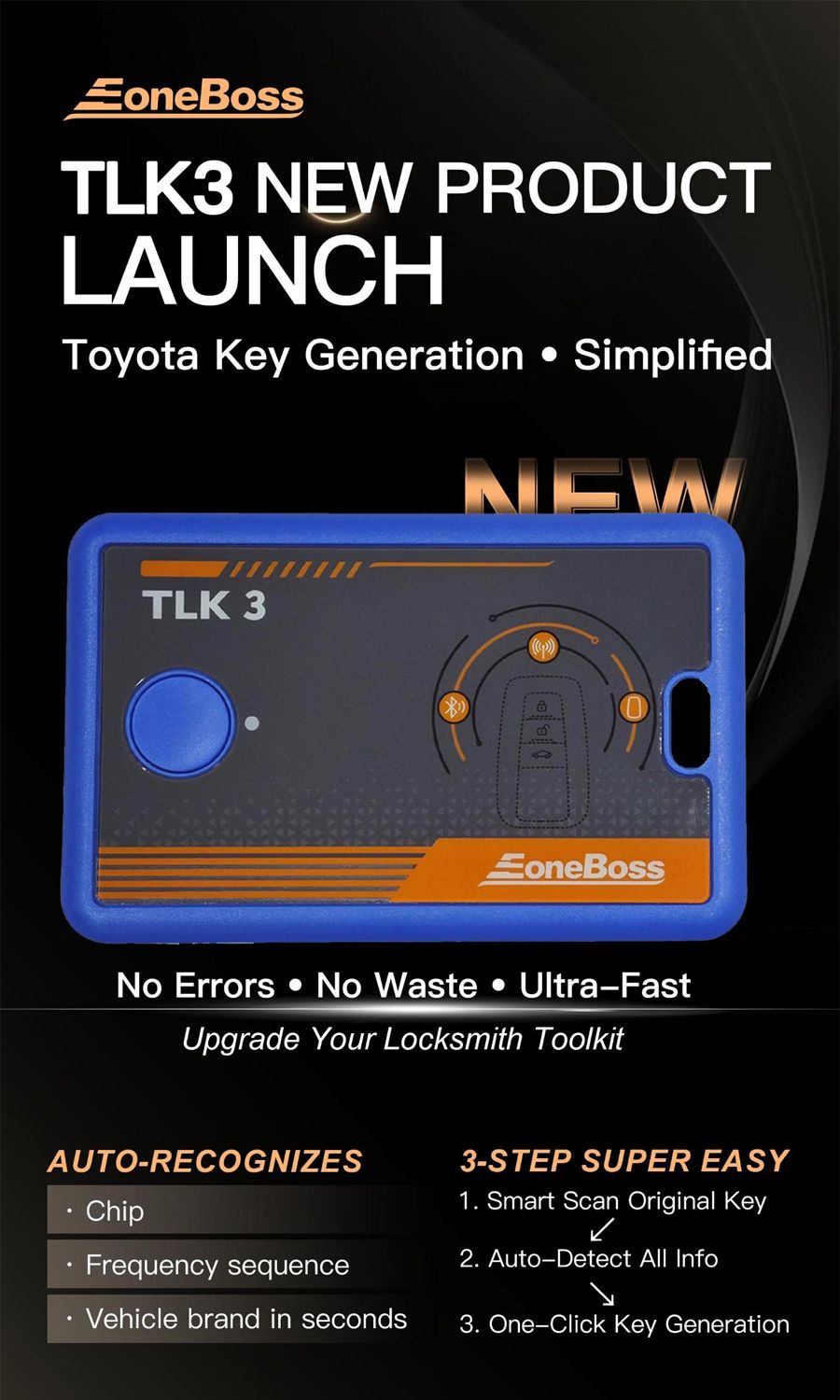 EONEBOSS TLK3 prend en charge la lecture de donn&eacute;es D&eacute;tection automatique de fr&eacute;quence / marque de v&eacute;hicule / type de puce