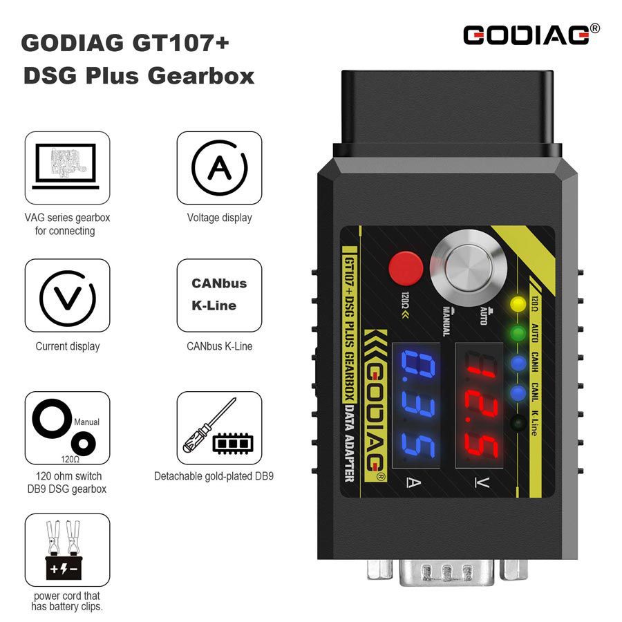 Adaptateur de données de boîte de vitesses godiag gt107 + DSG plus avec affichage du courant de tension