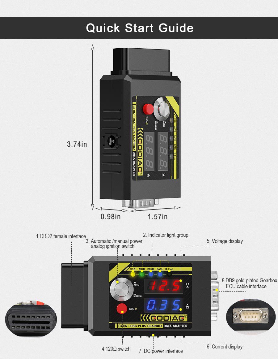 Adaptateur de données de boîte de vitesses godiag gt107 + DSG plus avec affichage du courant de tension