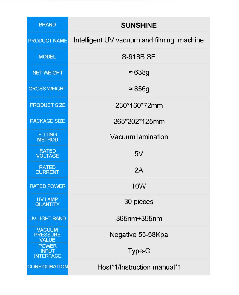 SUNSHINE S-918B SE Machine de filmage UV sous vide intelligente