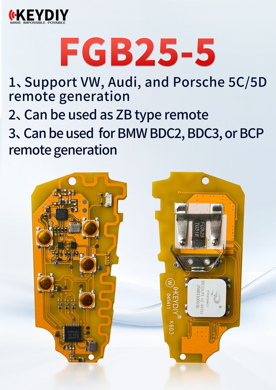 KEYDIY FGB25-5 PCB Board avec 3 boutons/4 boutons Key Shell Support pour VW Audi Porsche BMW 5C/5D g&eacute;n&eacute;ration &agrave; distance