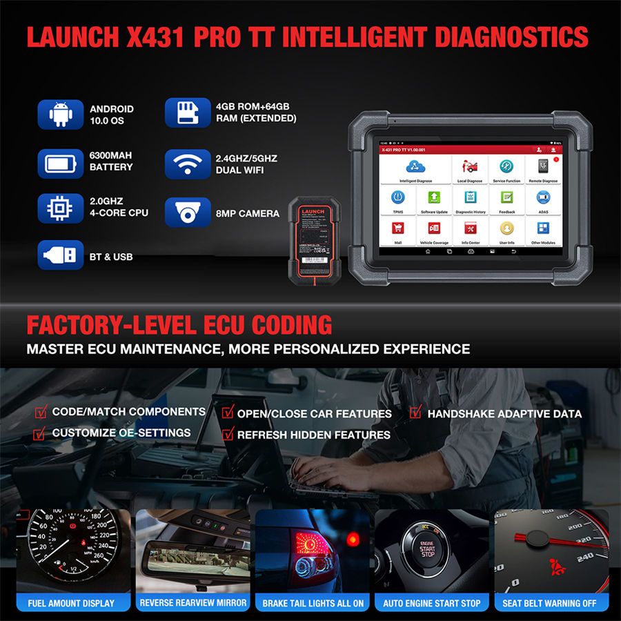 LAUNCH X431 PRO TT Outil de balayage bidirectionnel avec connecteur DBSCar VII 37+ R&eacute;initialiser ECU Codage en ligne Cl&eacute; CANFD IMMO