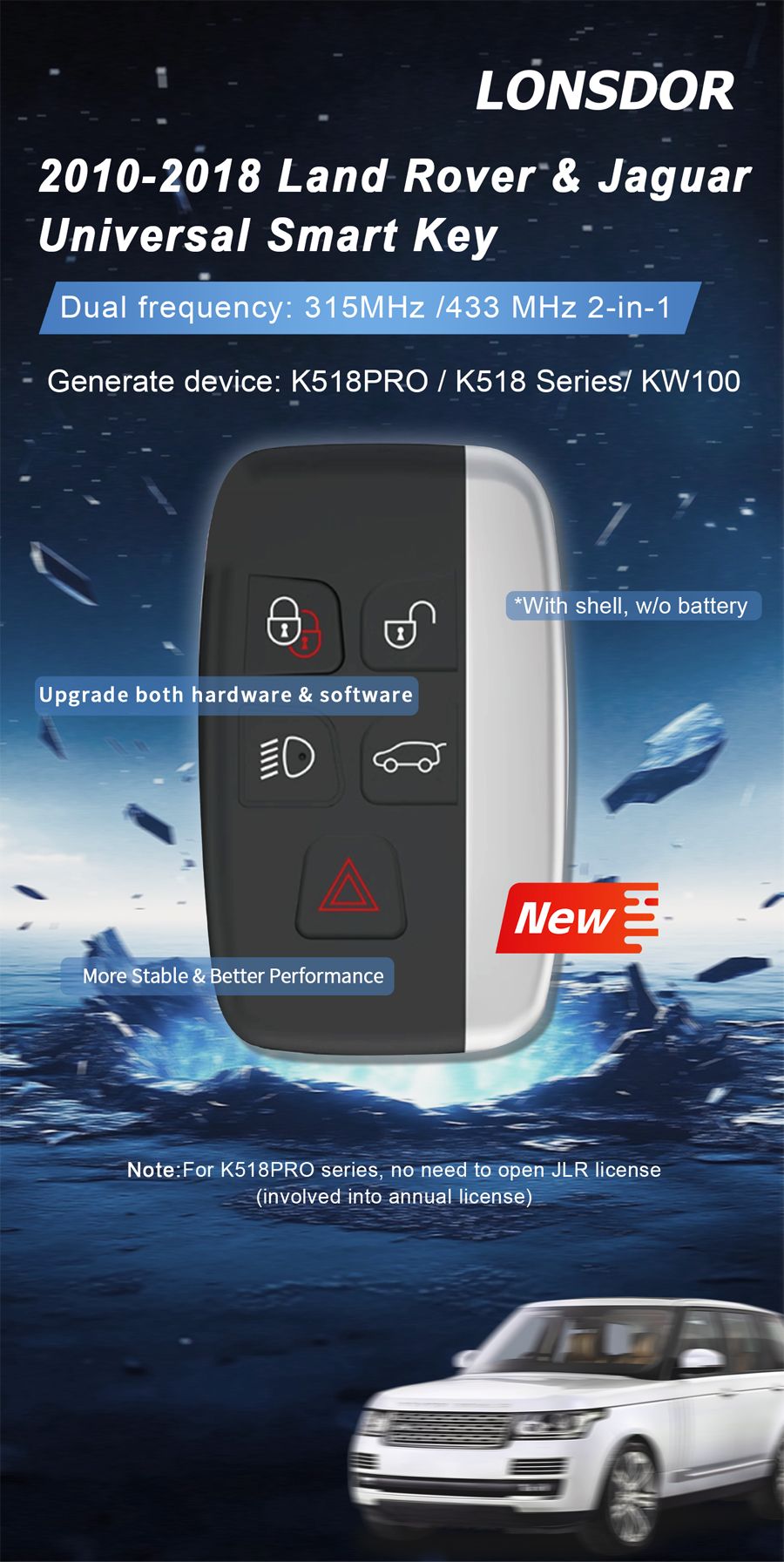 LONSDOR 2015-2018 Pour Land Rover & Pour Jaguar Universal Smart Key 315MHz / 433MHz 2-en-1