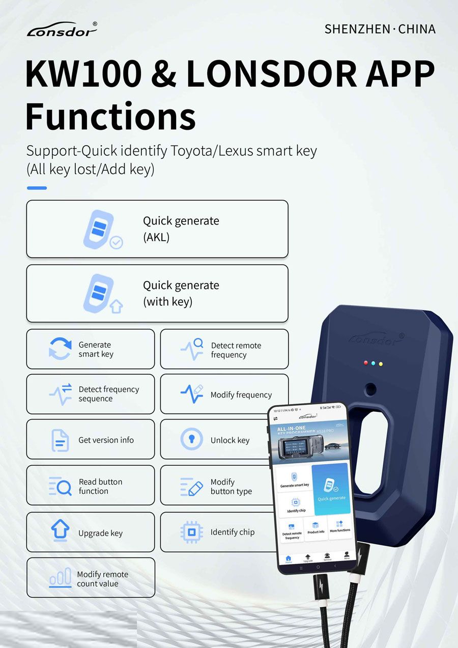 G&eacute;n&eacute;rateur de cl&eacute;s intelligentes Bluetooth Lonsdor KW100