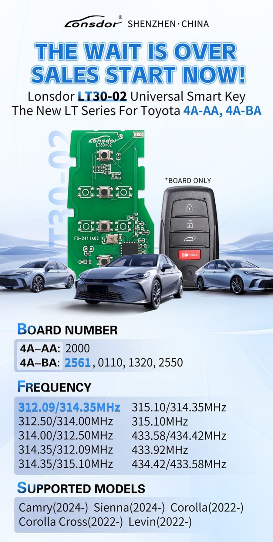Lonsdor LT30-02 TOYOTA 4A-AA 4A-BA Carte clé intelligente universelle fonctionne uniquement avec K518 PRO