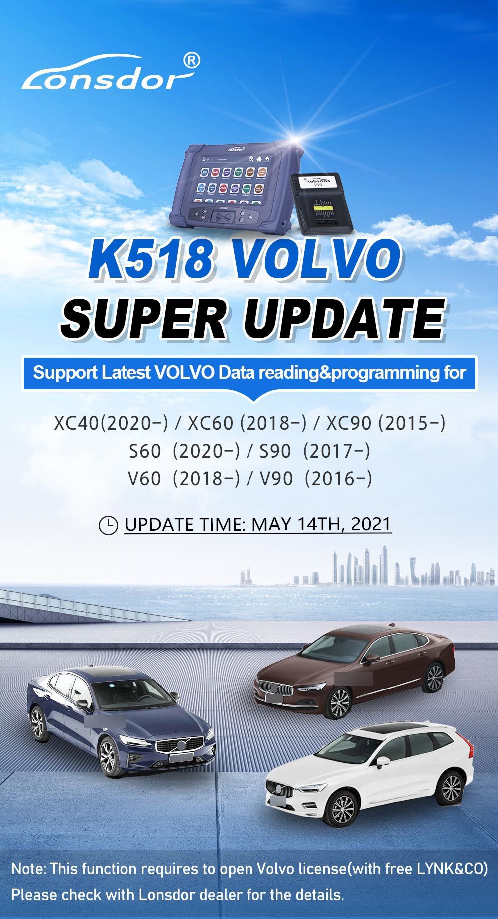 Licence lonsdor Volvo pour la dernière clé intelligente xc40 xc60 XC90 s60 s90 V60 V90 pour k518ise et k518s