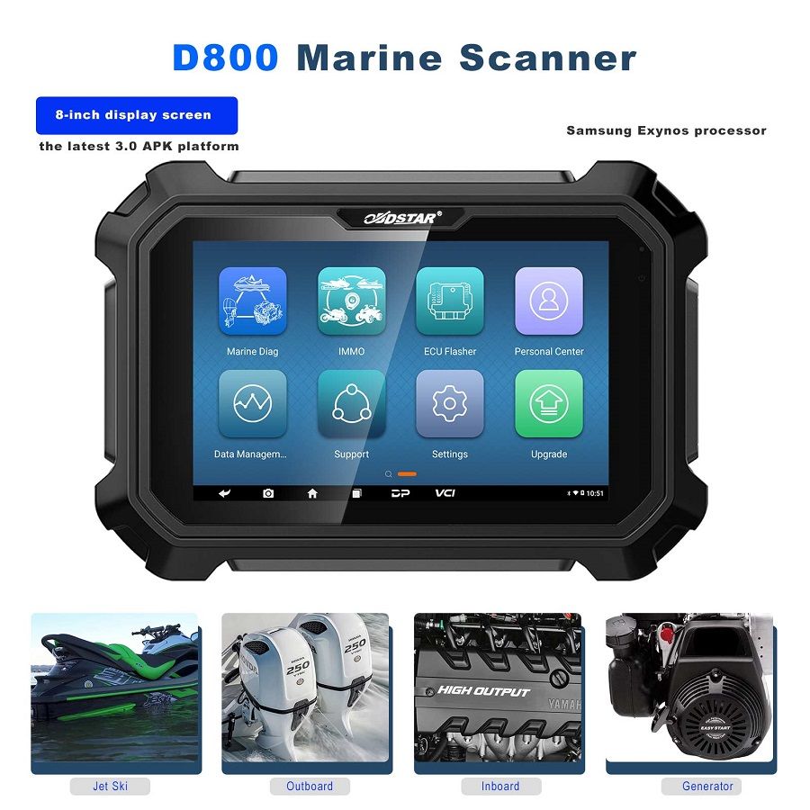 OBDSTAR D800 A + B + C + D Outil de diagnostic marin de configuration compl&egrave;te pour jet ski / hors bord / &agrave; bord / g&eacute;n&eacute;rateur