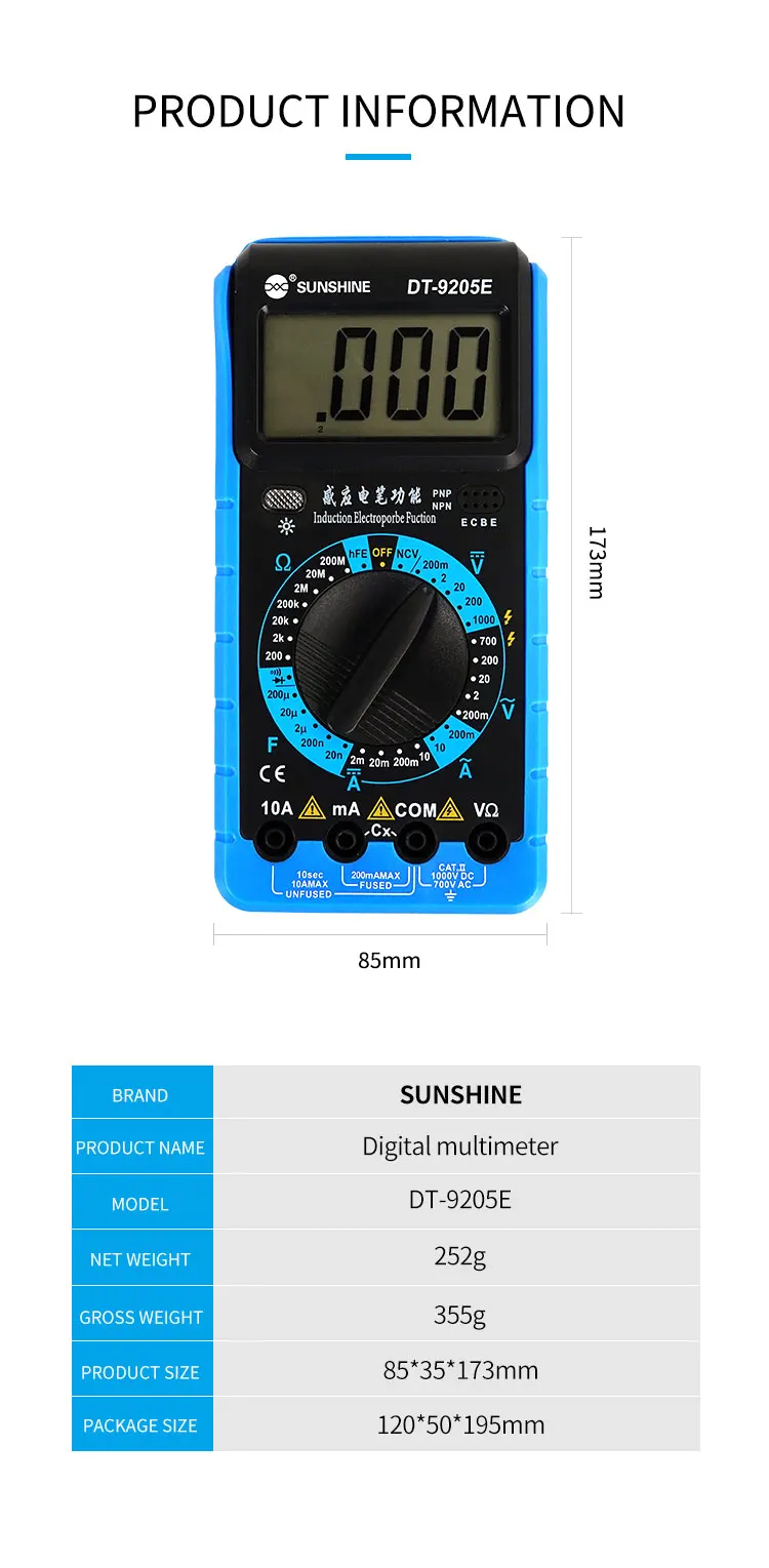 Multimètre numérique SUNSHINE DT-9205E