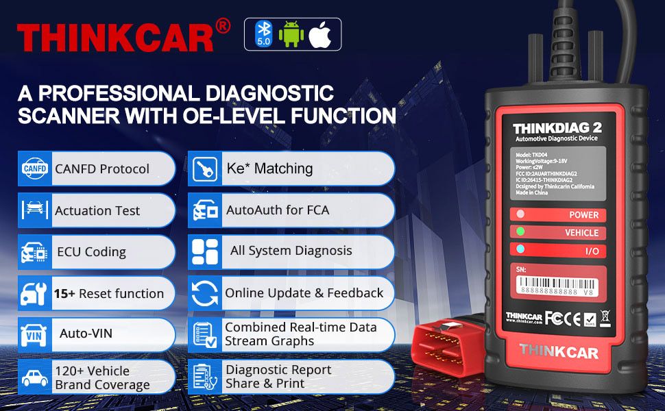 THINKCAR Thinkdiag2 Scanner de diagnostic bidirectionnel de tous les syst&egrave;mes pour iOS et Android avec protocole CAN-FD
