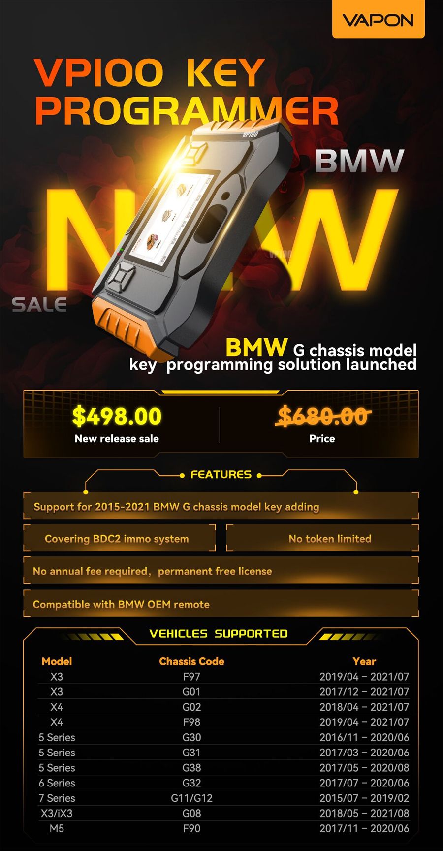 Programmateur clé VAPON VP100 BMW Support 2015-2021 BMW G Chassis Modèle Clé Ajout Pas de frais annuels Pas de jeton nécessaire