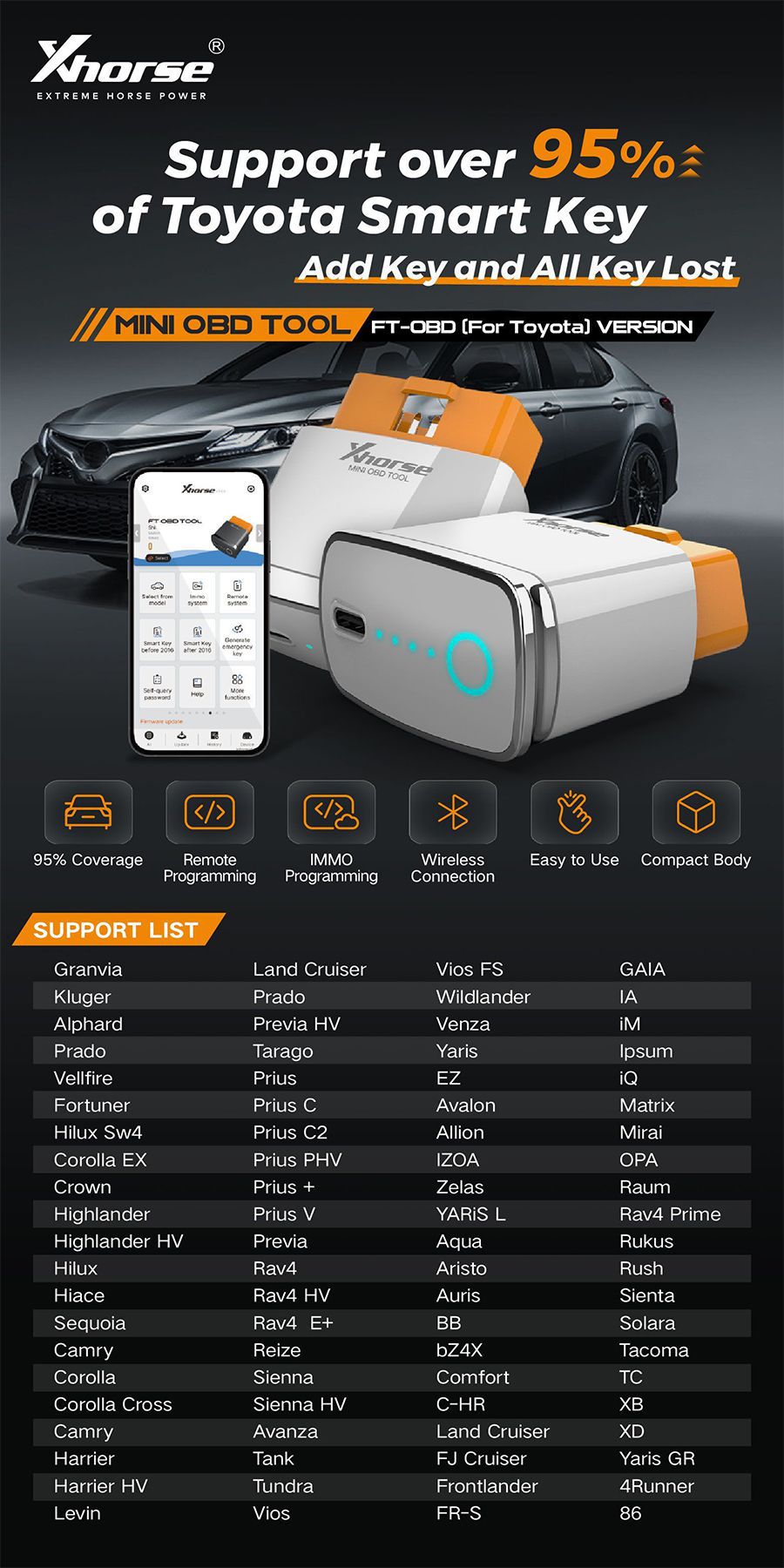 Xhorse MINI OBD TOOL FT-OBD for Toyota智能钥匙支持添加钥匙和丢失所有钥匙