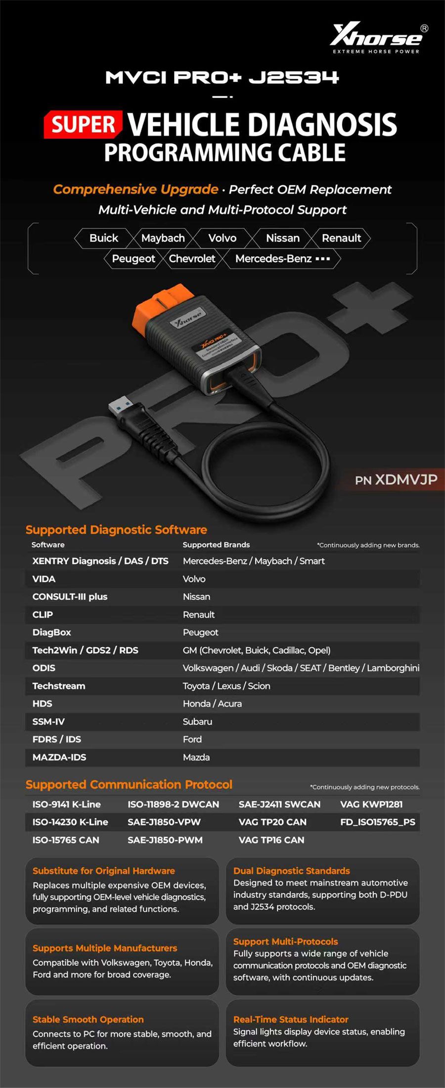 XHORSE XDMVJP MVCI PRO+ J2534 C&acirc;ble de programmation de diagnostic de v&eacute;hicule super