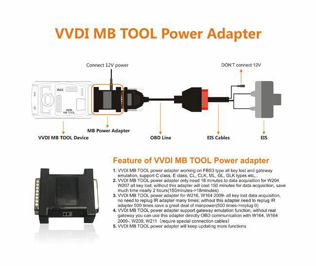 L'adaptateur d'alimentation de l'outil vvdi MB fonctionne avec les Mercedes vvdi pour l'acquisition de données