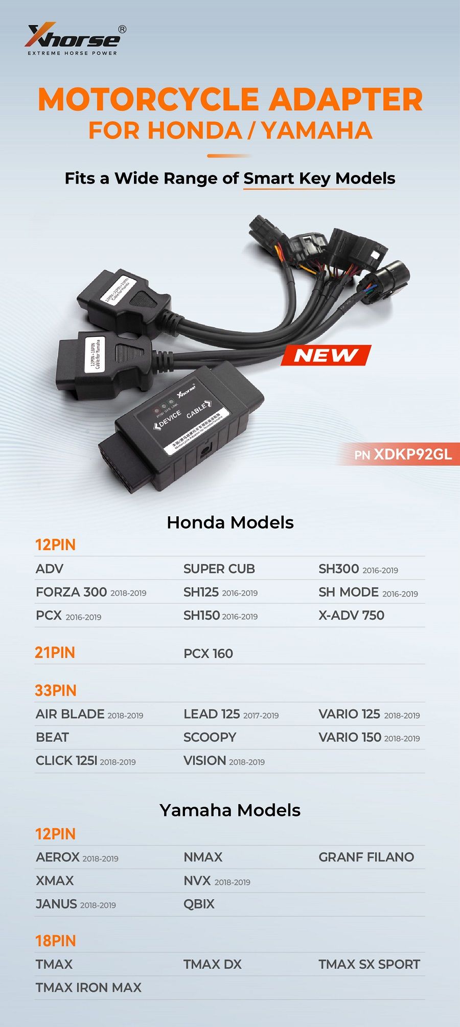 Adaptateur moto XHORSE XDKP92GL pour HONDA/YAMAHA