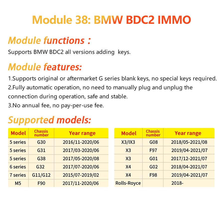 Yanhua Mini ACDP-2 Module 38 pour BMW S&eacute;rie G BDC2 Correspondance d'immobilisateur et ajout de cl&eacute;s