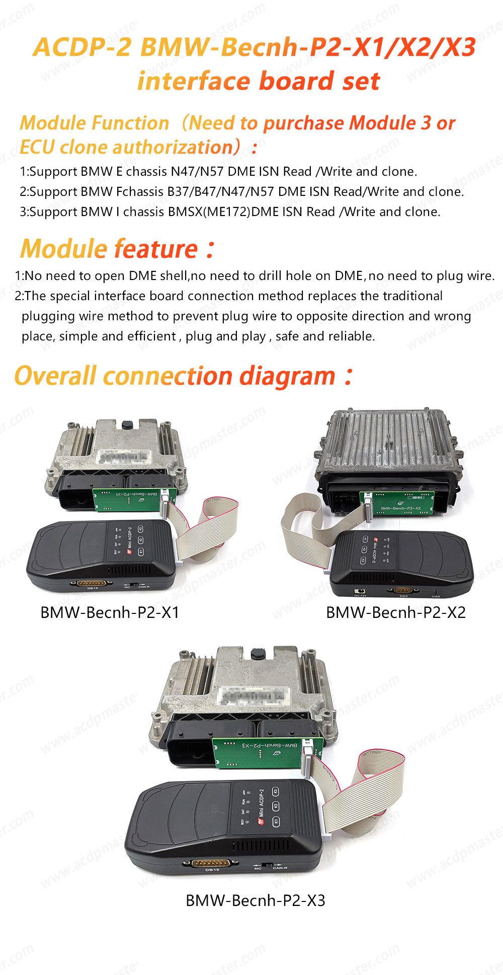 Yanhua Bench Mode BMW-DME-Adapter x1/x2/x3 Interface Board Set travail avec ACDP-2