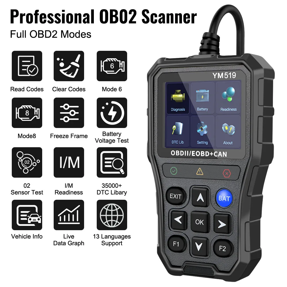 Lecteur de Code OBD2 YM519 Multilingue – Testeur de Batt