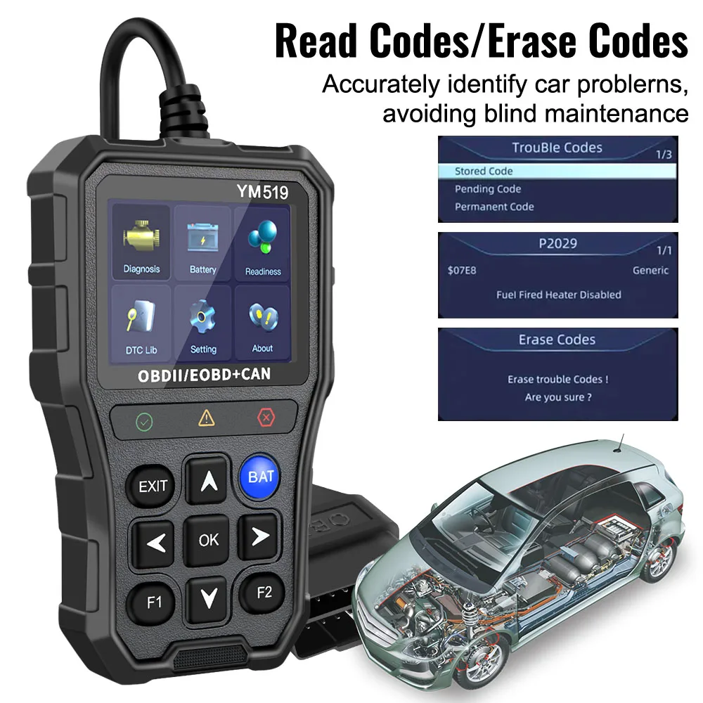 Lecteur de Code OBD2 YM519 Multilingue – Testeur de Batt