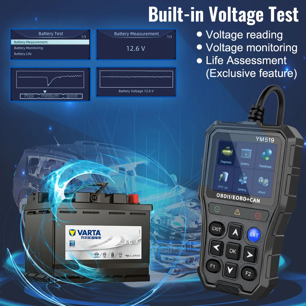 Lecteur de Code OBD2 YM519 Multilingue – Testeur de Batt