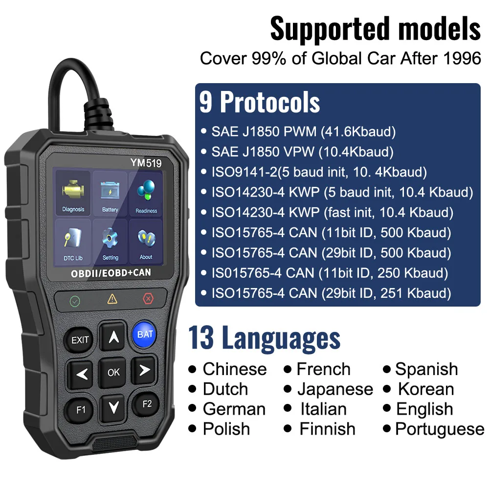 Lecteur de Code OBD2 YM519 Multilingue – Testeur de Batt